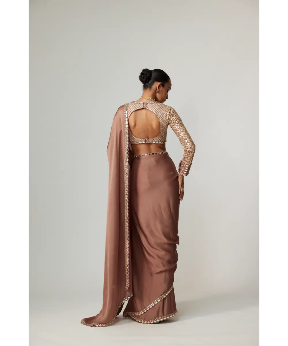 VVANI VATS - Deep Beige Satin Saree Set